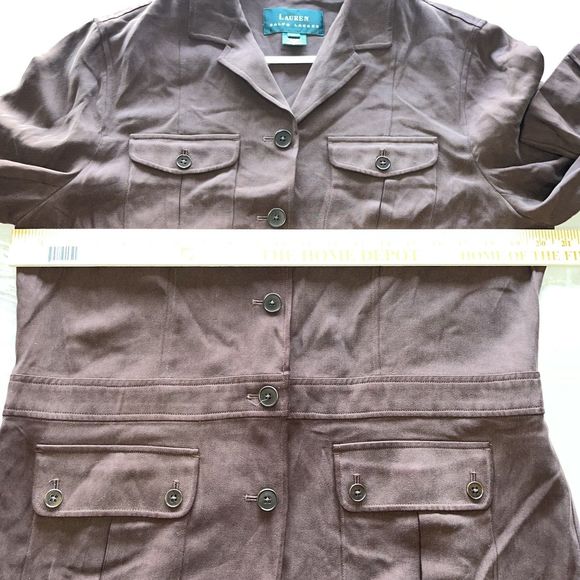 Lauren Ralph Lauren 100% Silk Women's Large  Military Shacket Brown Pockets - Picture 8 of 11